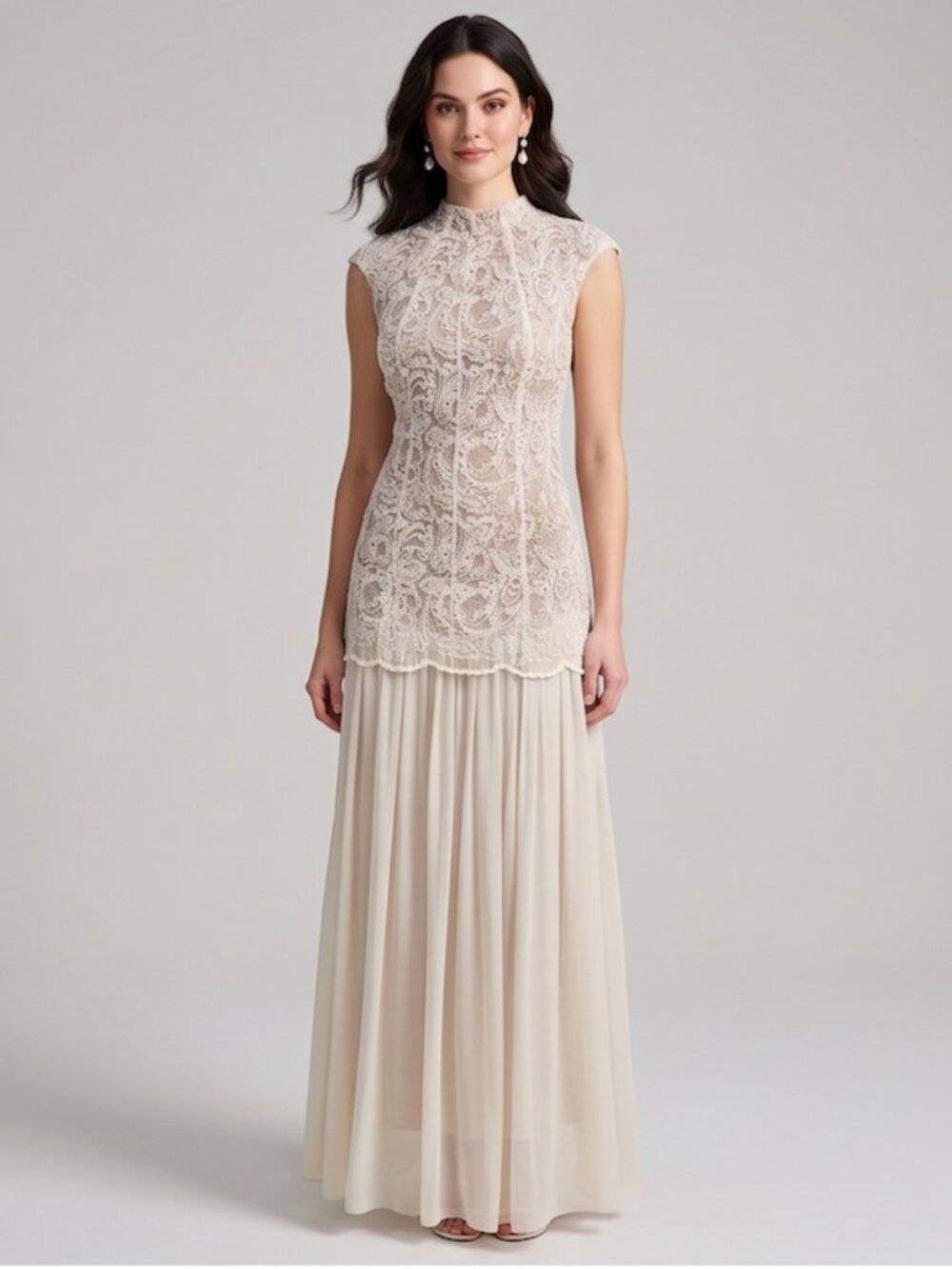 Embriodered Sleeveless Mock Neck Gown with Chiffon Skirt Beige